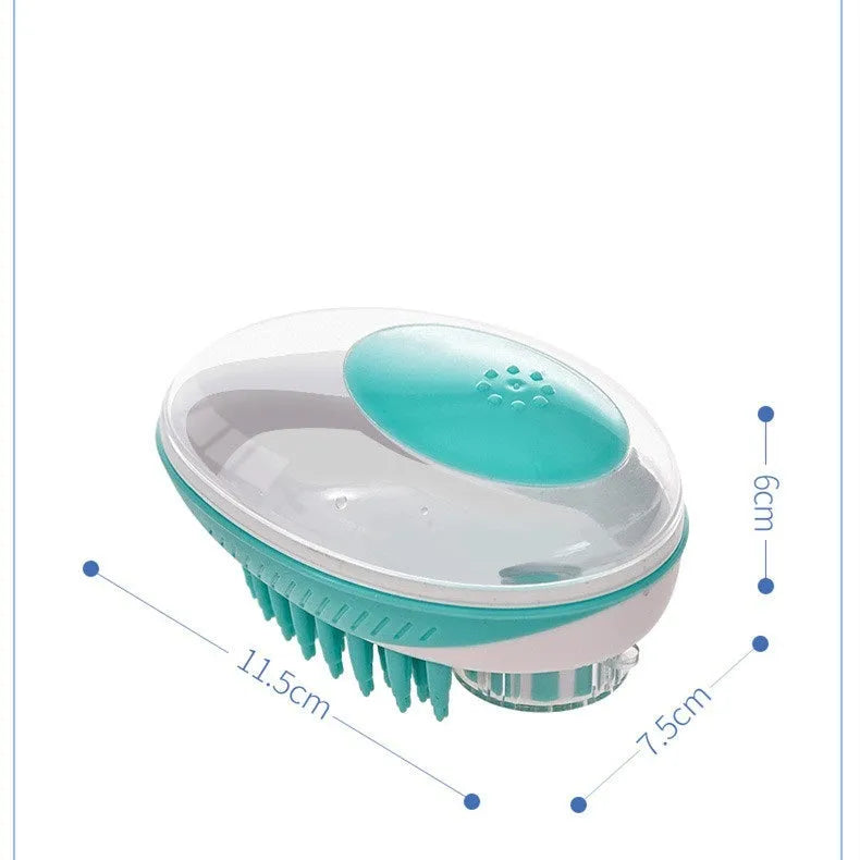 Pet bath brush with soft silicone bristles and ergonomic handle in blue