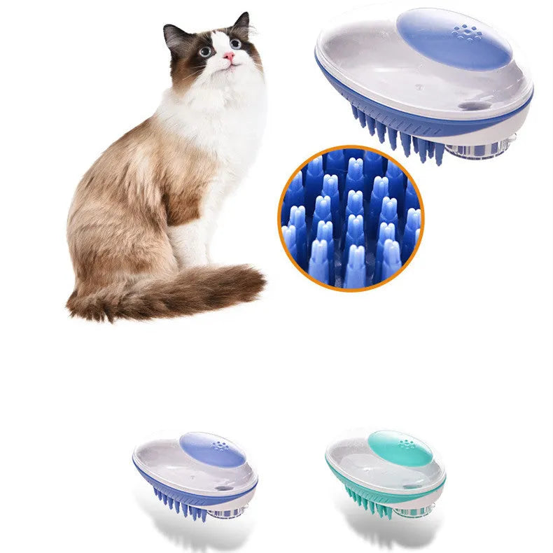 Pet bath brush with soft silicone bristles and ergonomic handle in blue