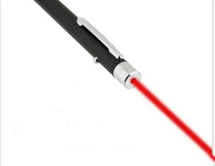 Black laser pointer pen with red light on, showing stylus tip, for presentations.