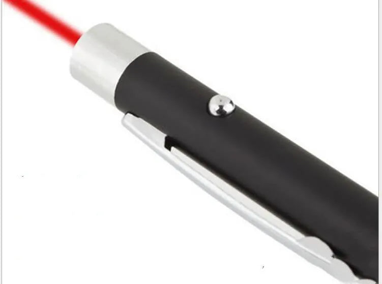 Black laser pointer pen with red light on, showing stylus tip, for presentations.
