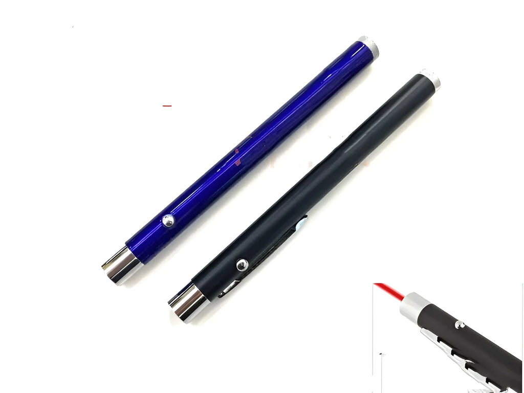 Black laser pointer pen with red light on, showing stylus tip, for presentations.