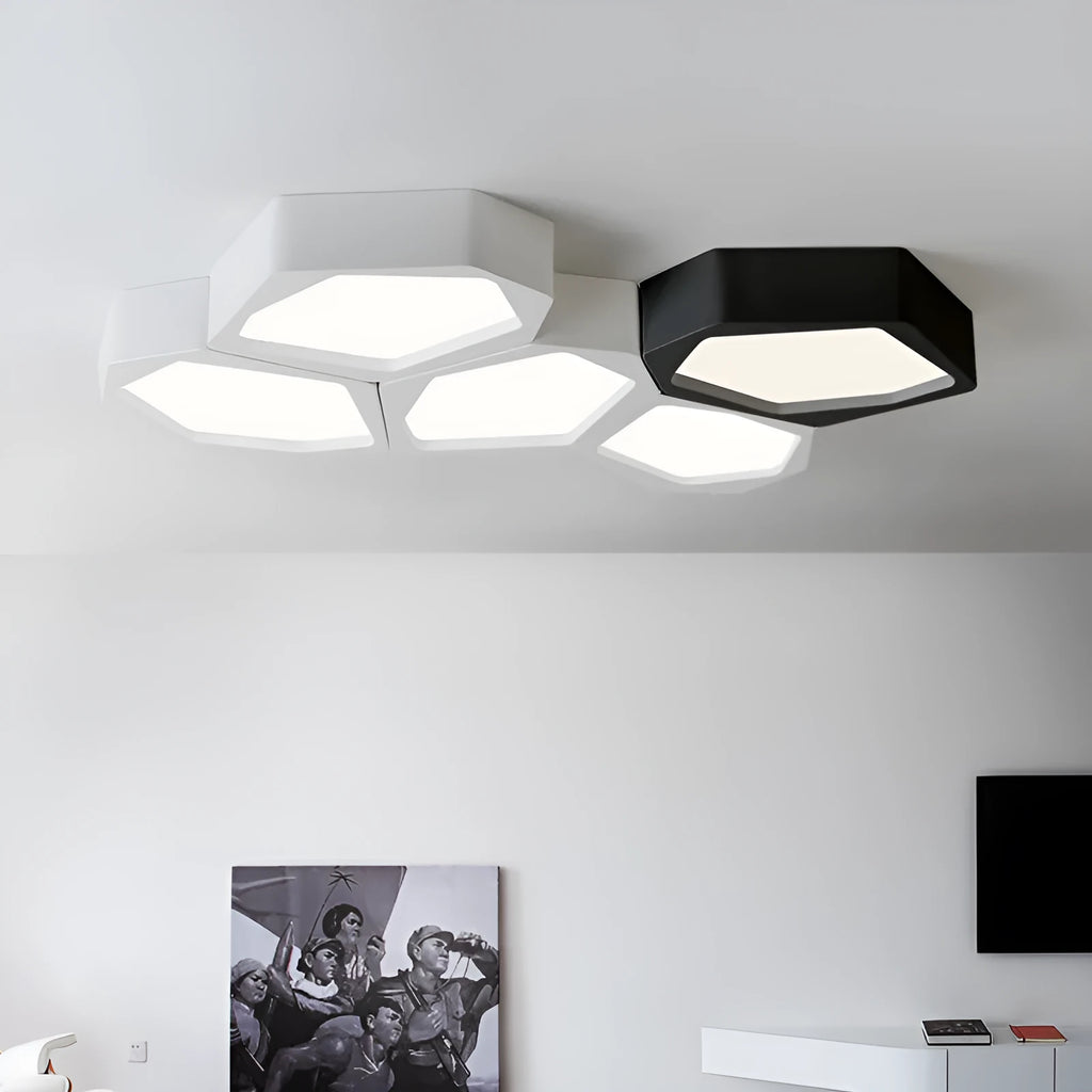 Geometric shaped iron shade LED light fixture with remote control in black or white frame.