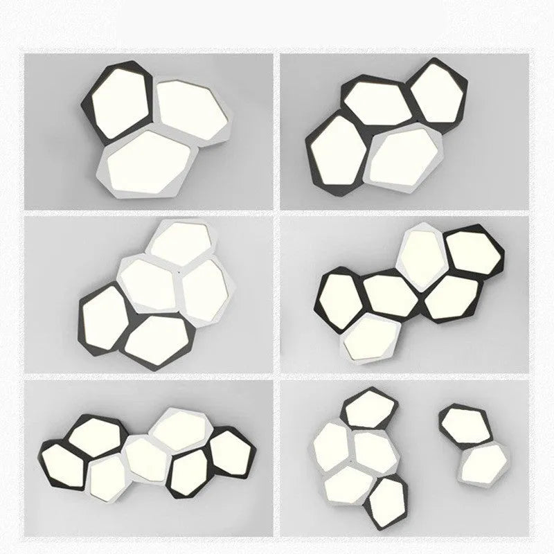 Geometric shaped iron shade LED light fixture with remote control in black or white frame.