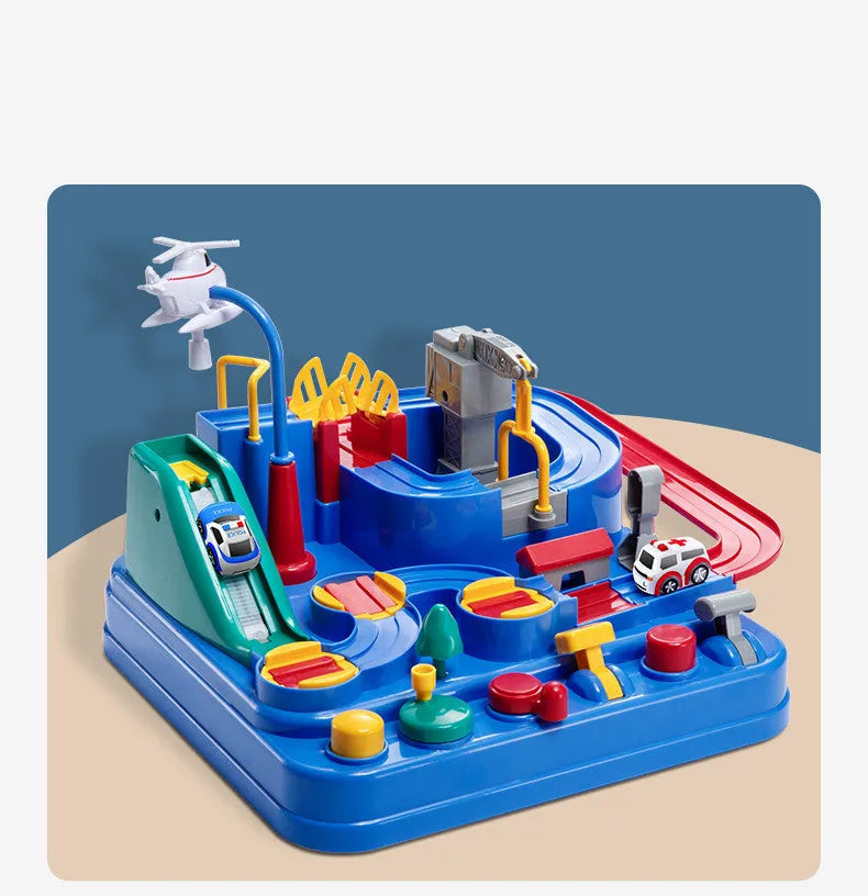 Children's plastic parking lot toy with conveyor belt, crane, and suspension bridge alongside police car and ambulance vehicles