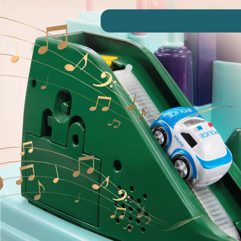 Children's plastic parking lot toy with conveyor belt, crane, and suspension bridge alongside police car and ambulance vehicles