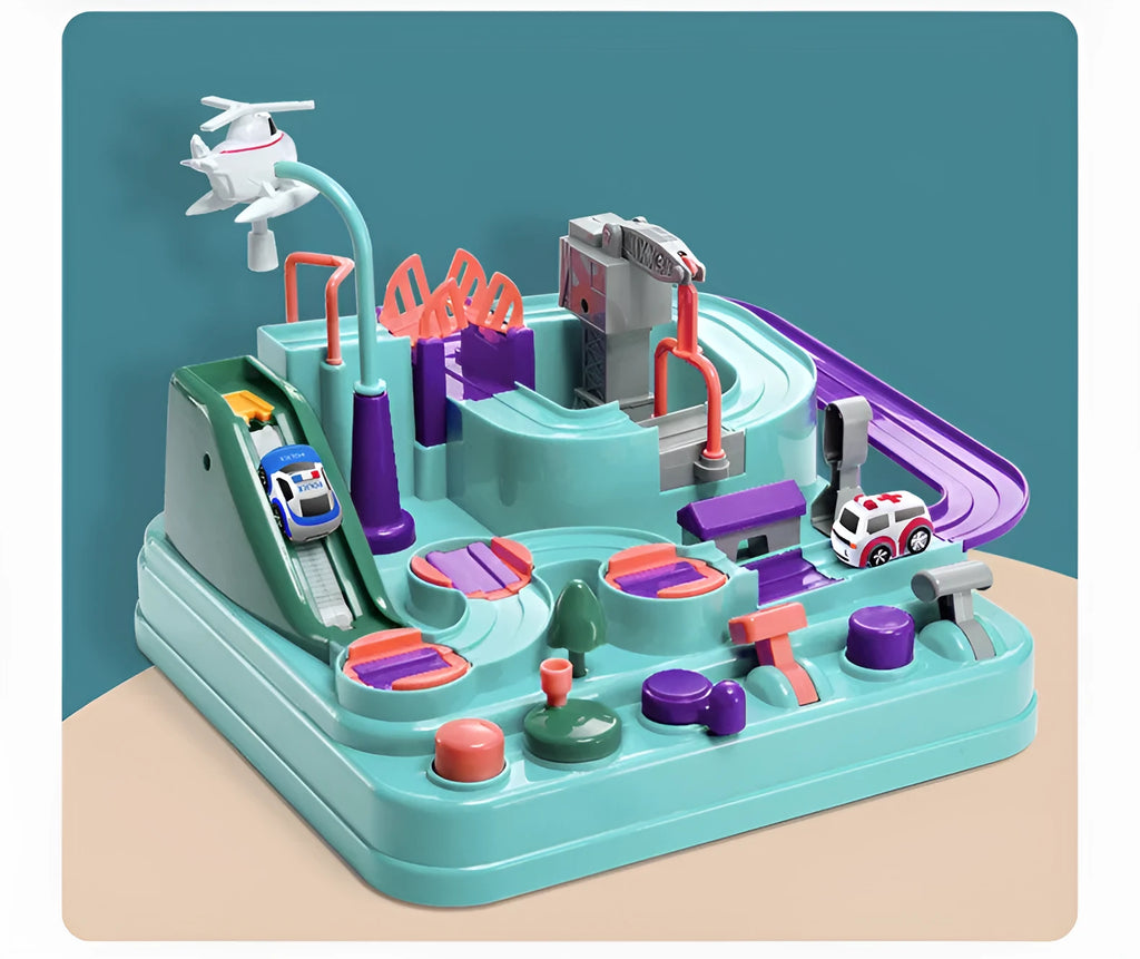Children's plastic parking lot toy with conveyor belt, crane, and suspension bridge alongside police car and ambulance vehicles
