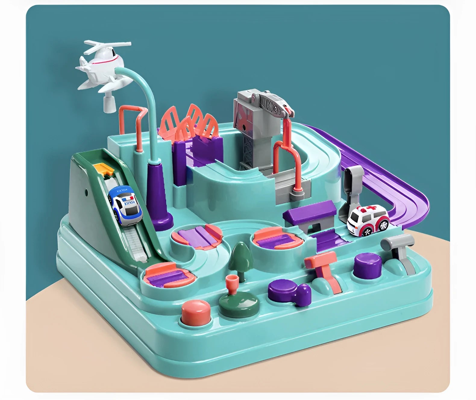 Children's plastic parking lot toy with conveyor belt, crane, and suspension bridge alongside police car and ambulance vehicles