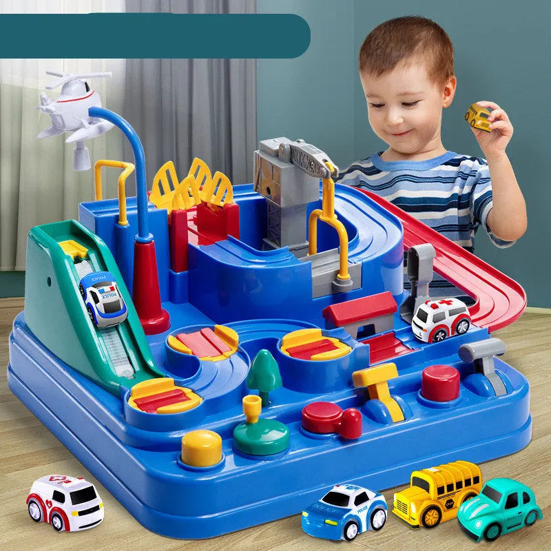 Children's plastic parking lot toy with conveyor belt, crane, and suspension bridge alongside police car and ambulance vehicles