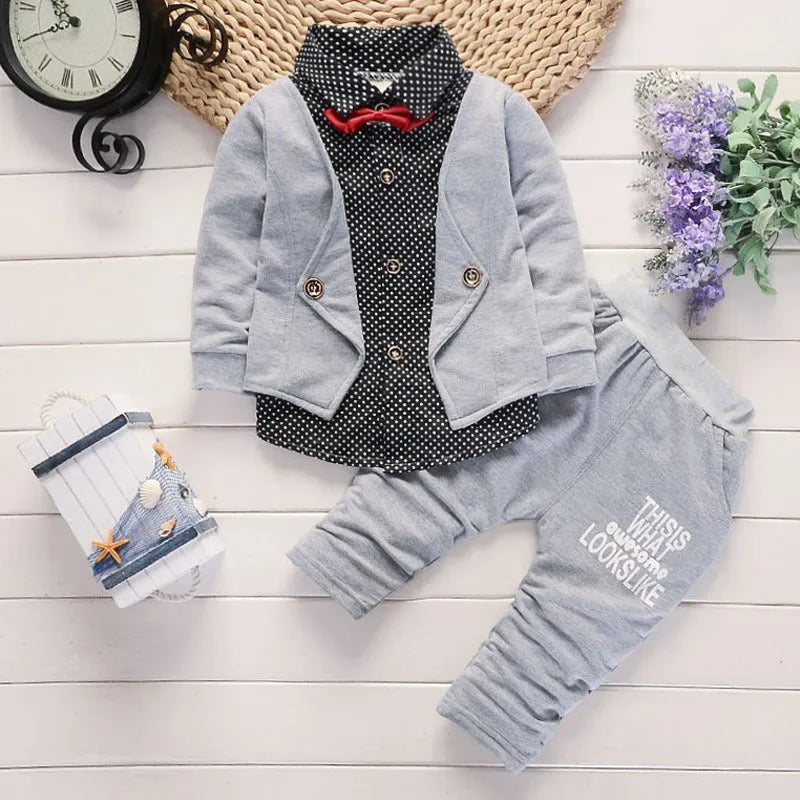 Toddler boys casual suit set with printed jacket and matching trousers in grey, navy blue, or red
