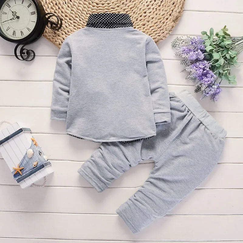 Toddler boys casual suit set with printed jacket and matching trousers in grey, navy blue, or red