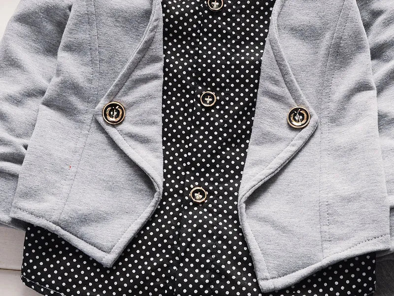 Toddler boys casual suit set with printed jacket and matching trousers in grey, navy blue, or red