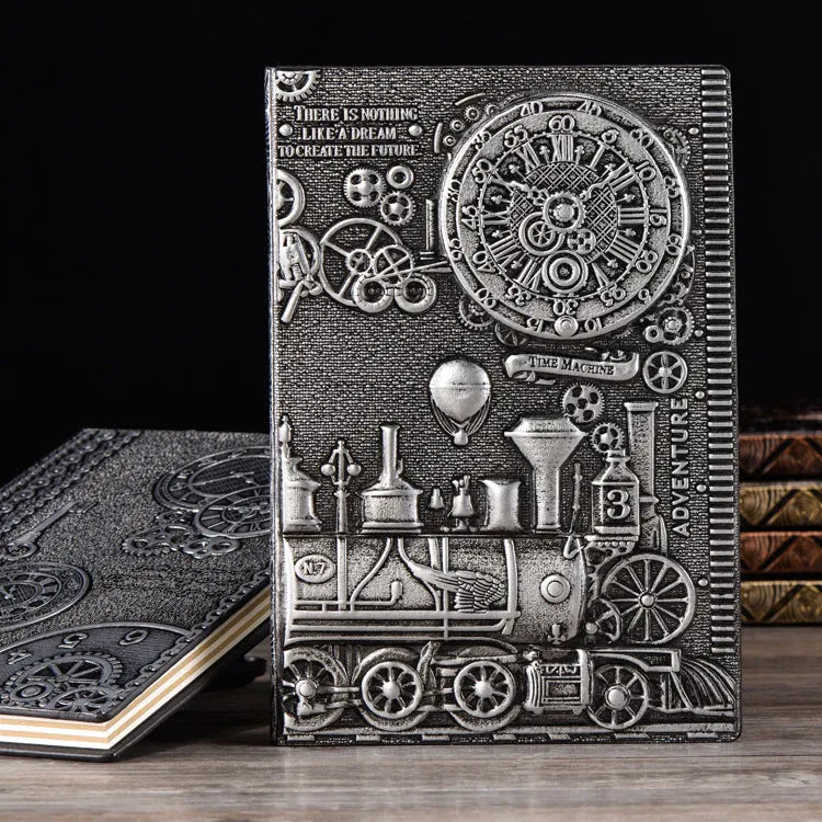 Retro notebook with 3D embossed leather cover in green bronze, showing texture and 21.5cm size.