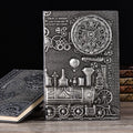Retro notebook with 3D embossed leather cover in green bronze, showing texture and 21.5cm size.