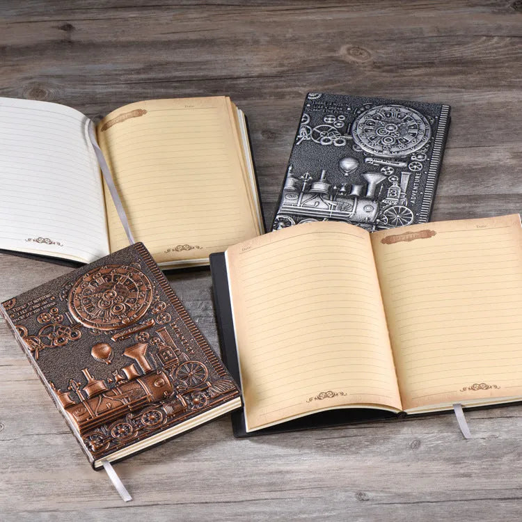 Retro notebook with 3D embossed leather cover in green bronze, showing texture and 21.5cm size.