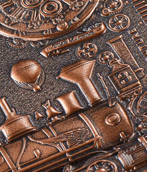 Retro notebook with 3D embossed leather cover in green bronze, showing texture and 21.5cm size.