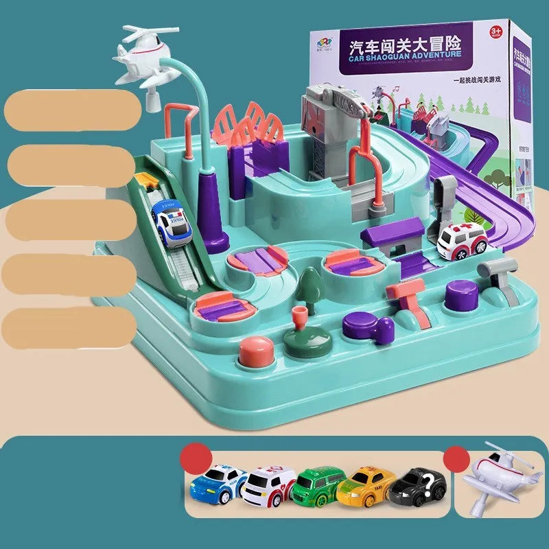 Children's plastic parking lot toy with conveyor belt, crane, and suspension bridge alongside police car and ambulance vehicles