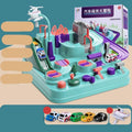 Children's plastic parking lot toy with conveyor belt, crane, and suspension bridge alongside police car and ambulance vehicles