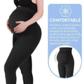Black cotton maternity leggings with high waist pregnancy support showing S M L size options