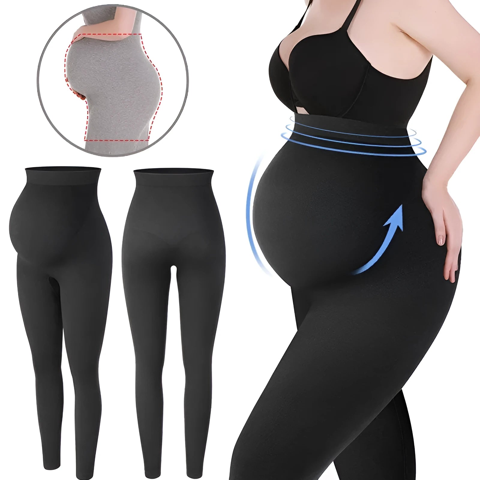 Black cotton maternity leggings with high waist pregnancy support showing S M L size options