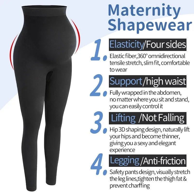 Black cotton maternity leggings with high waist pregnancy support showing S M L size options