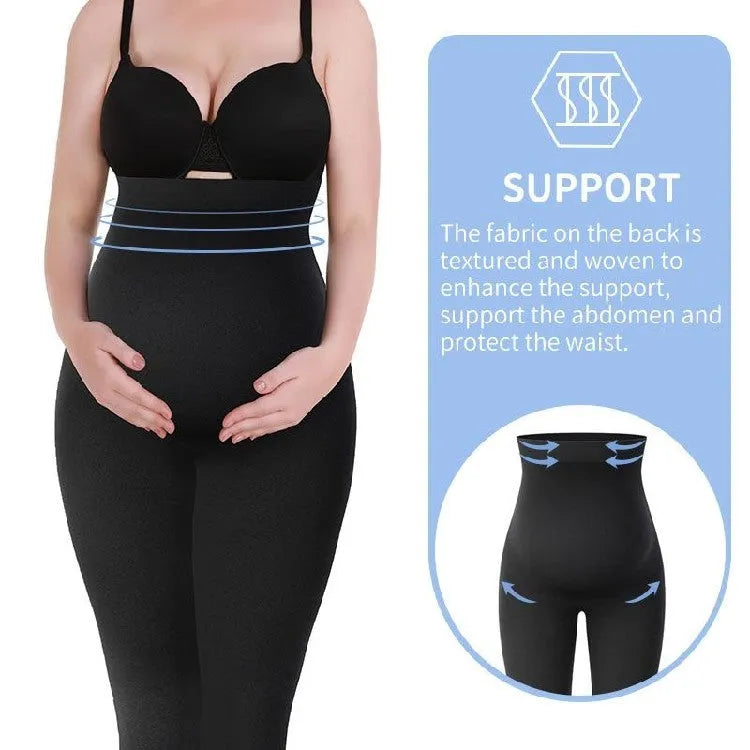 Black cotton maternity leggings with high waist pregnancy support showing S M L size options
