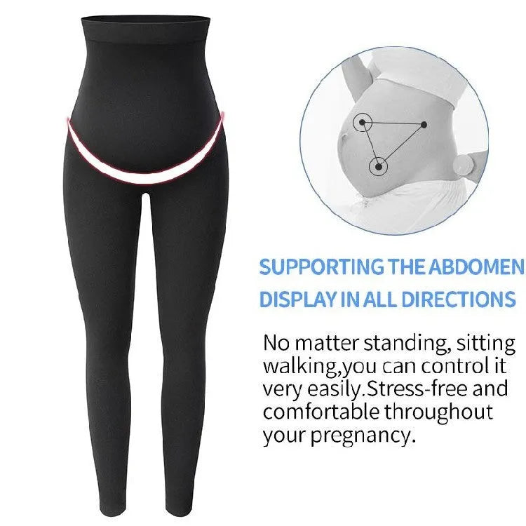 Black cotton maternity leggings with high waist pregnancy support showing S M L size options