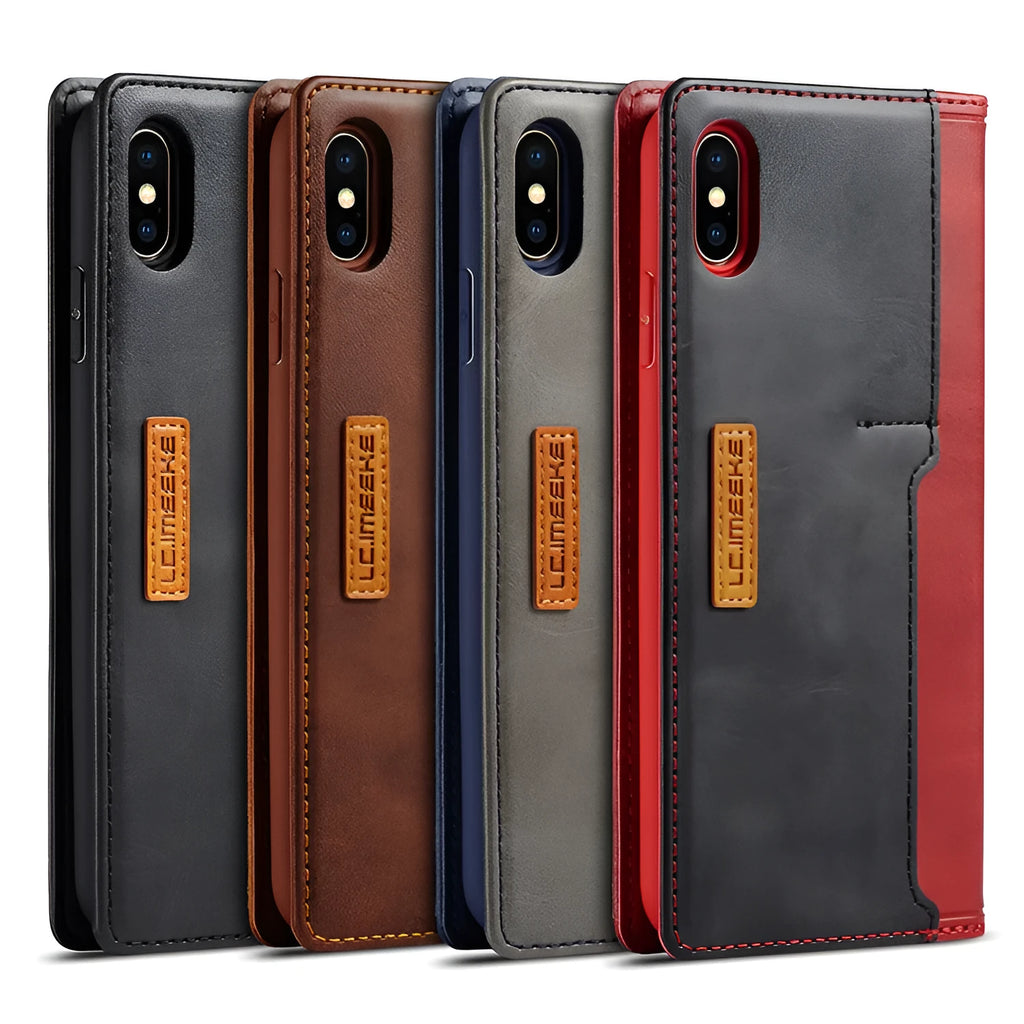 Black leather flip wallet case for iPhone shown open, revealing card slots and phone interior.