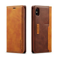 Black leather flip wallet case for iPhone shown open, revealing card slots and phone interior.