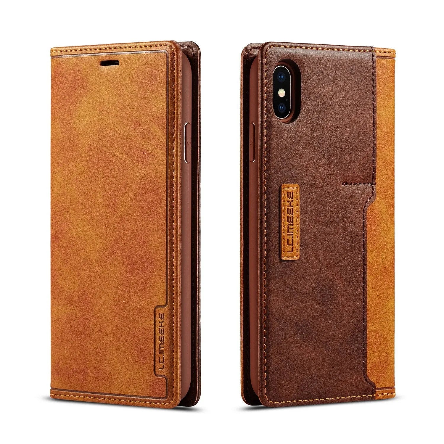 Black leather flip wallet case for iPhone shown open, revealing card slots and phone interior.