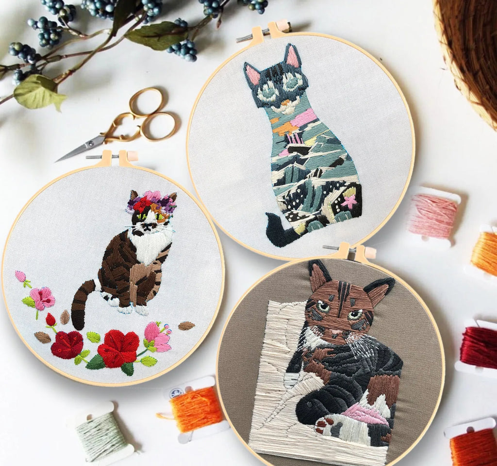 Original-New Cat embroidery kit with cotton fabric, stretch frame, and three style options