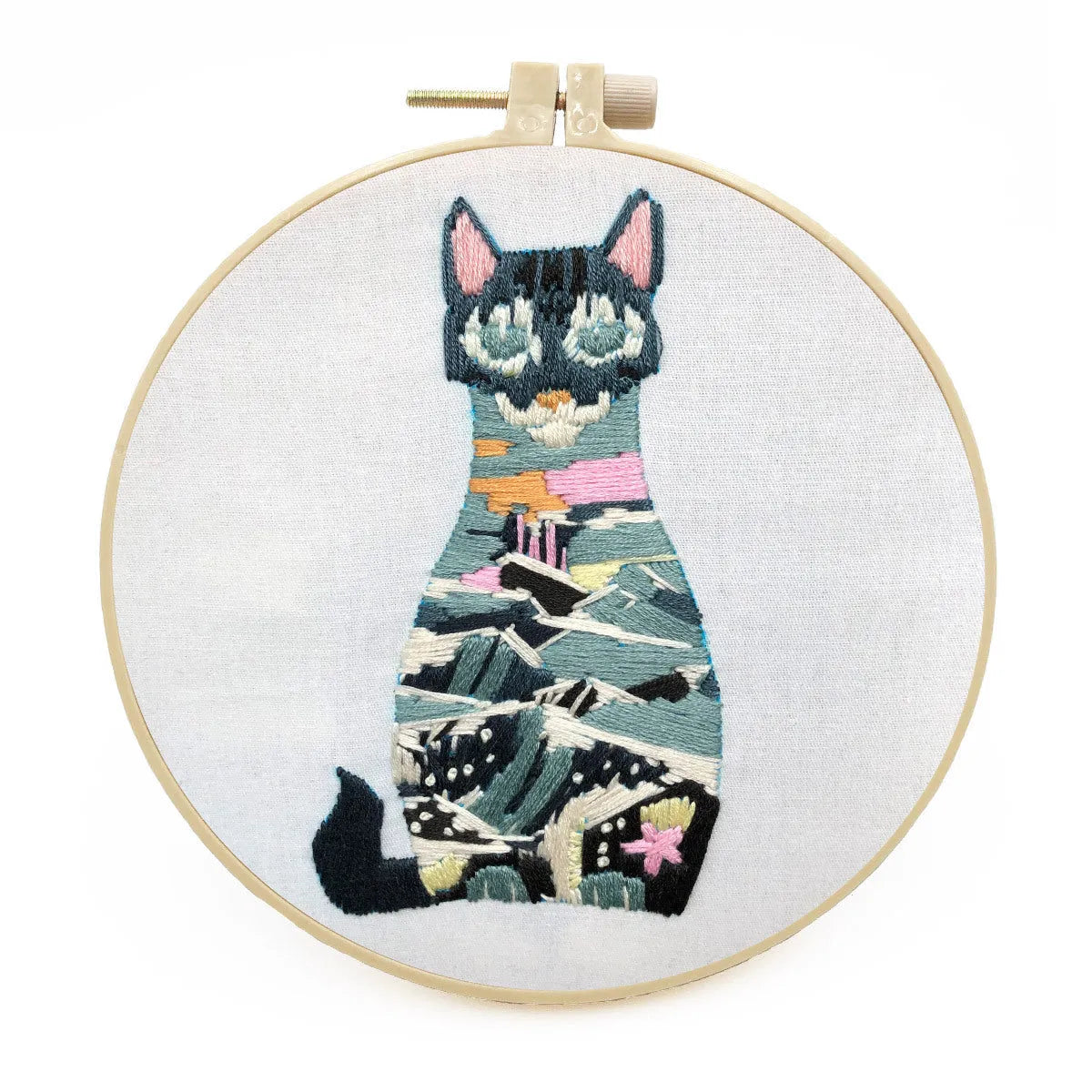 Original-New Cat embroidery kit with cotton fabric, stretch frame, and three style options