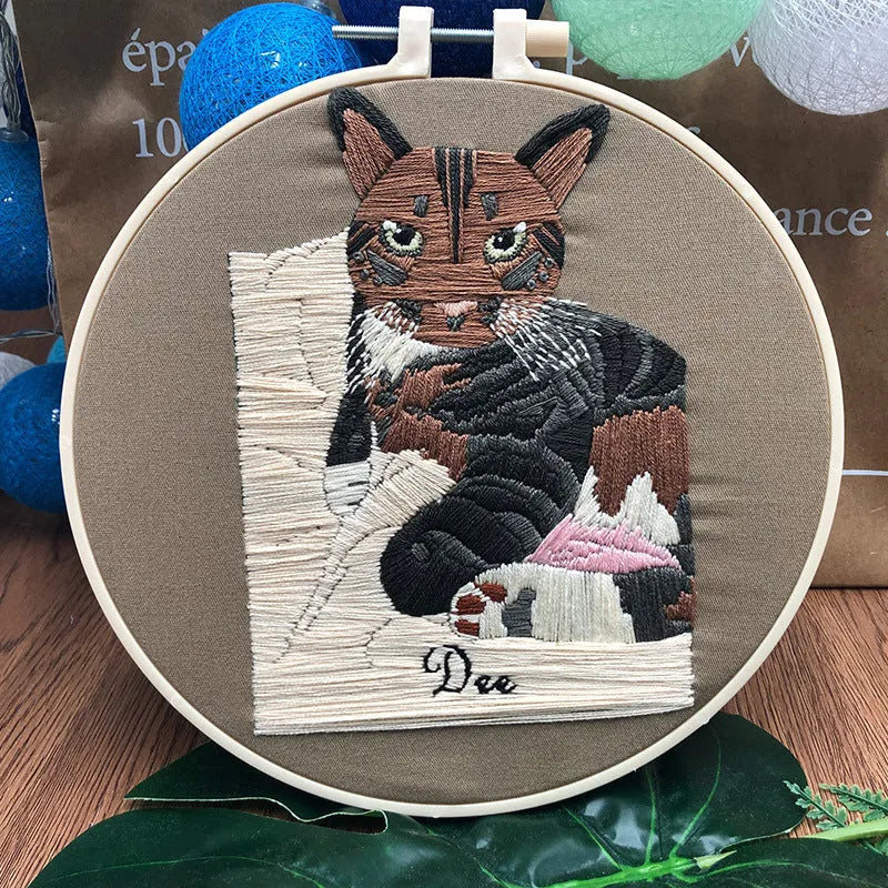 Original-New Cat embroidery kit with cotton fabric, stretch frame, and three style options