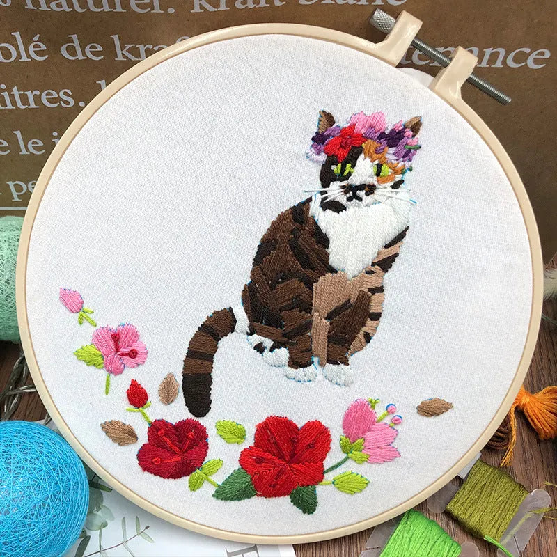 Original-New Cat embroidery kit with cotton fabric, stretch frame, and three style options