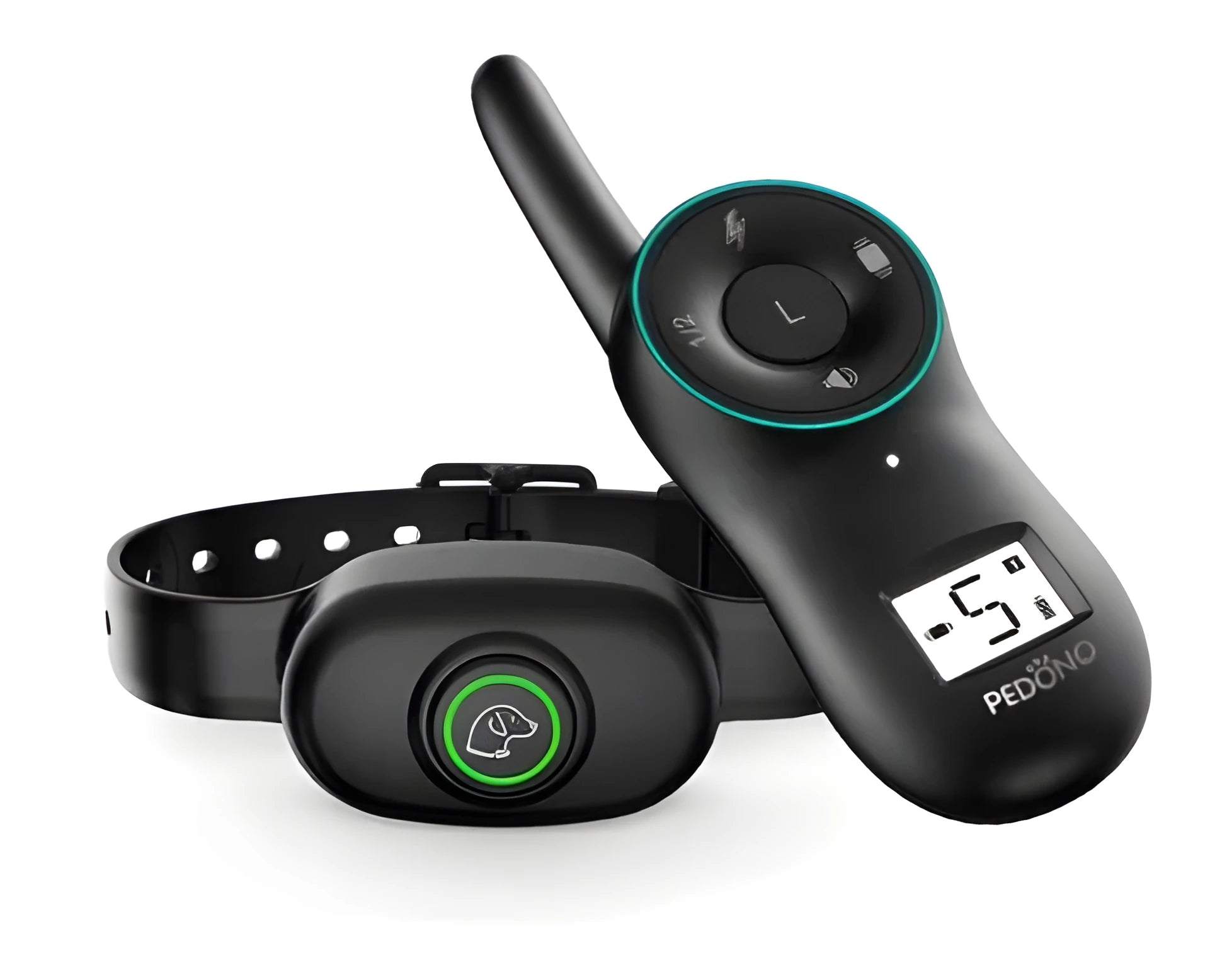 Black rechargeable remote-controlled dog training collar with handheld transmitter.