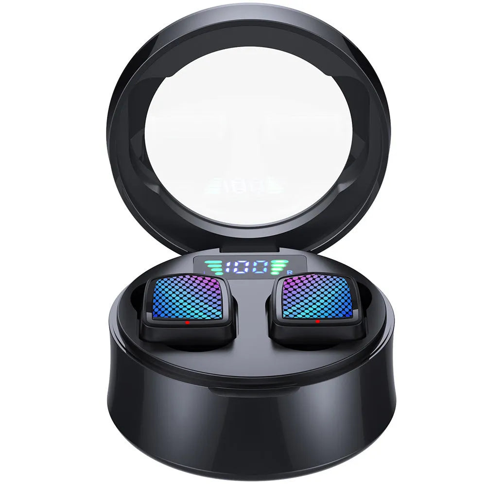 Black true wireless Bluetooth sport earbuds and charging case on a white background.