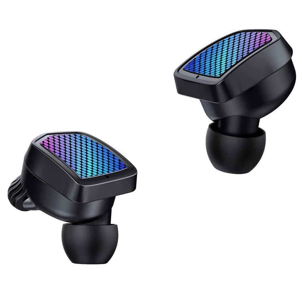 Black true wireless Bluetooth sport earbuds and charging case on a white background.