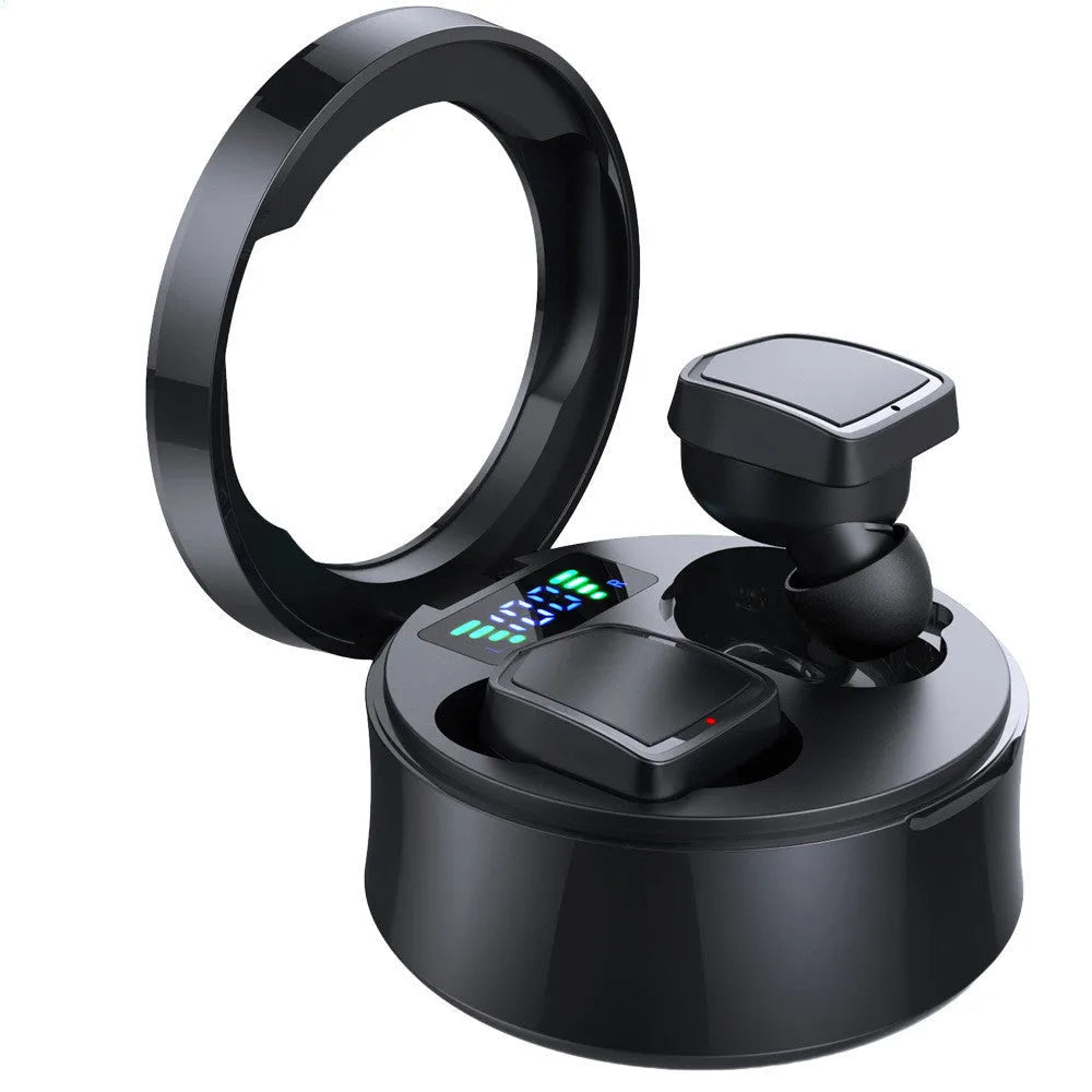 Black true wireless Bluetooth sport earbuds and charging case on a white background.