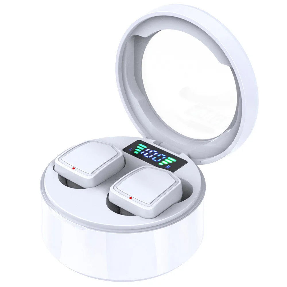 Black true wireless Bluetooth sport earbuds and charging case on a white background.