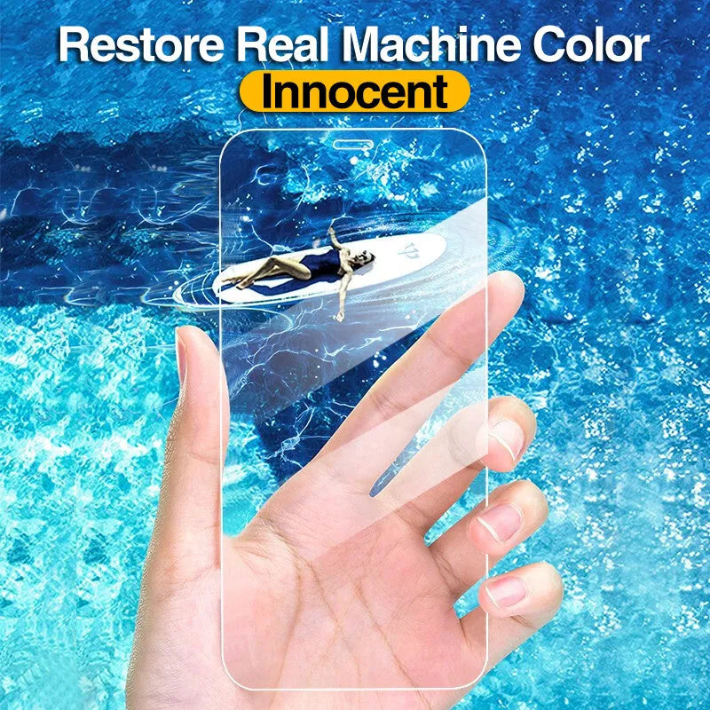 Four transparent tempered glass screen protectors for Apple iPhone on a white background