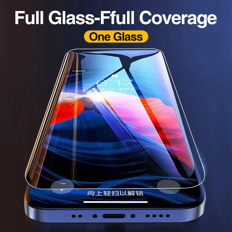 Four transparent tempered glass screen protectors for Apple iPhone on a white background