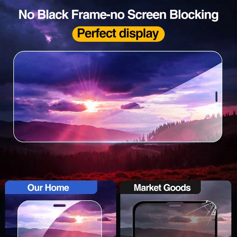 Four transparent tempered glass screen protectors for Apple iPhone on a white background