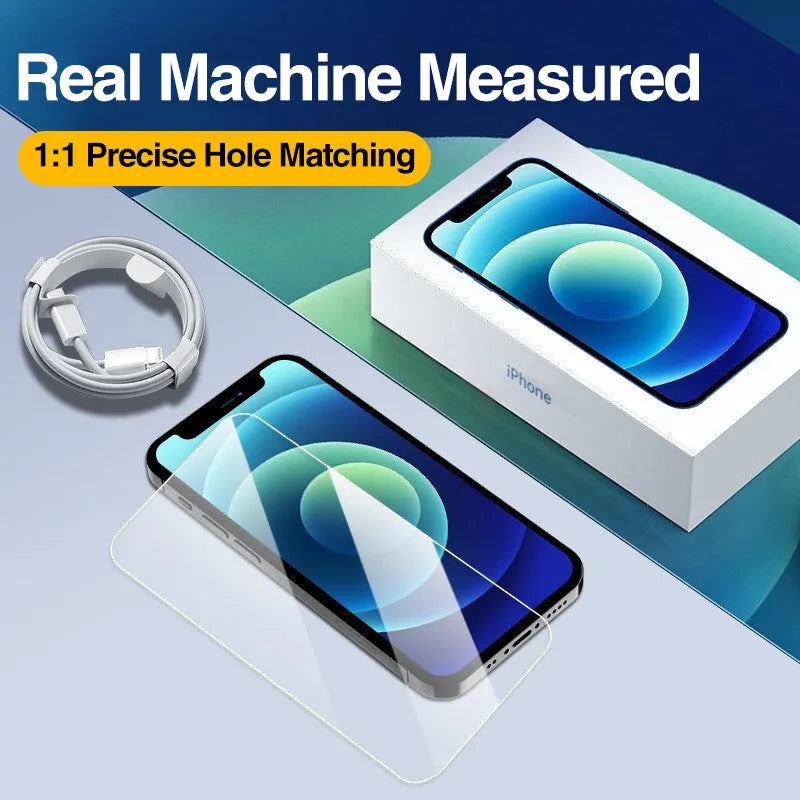Four transparent tempered glass screen protectors for Apple iPhone on a white background