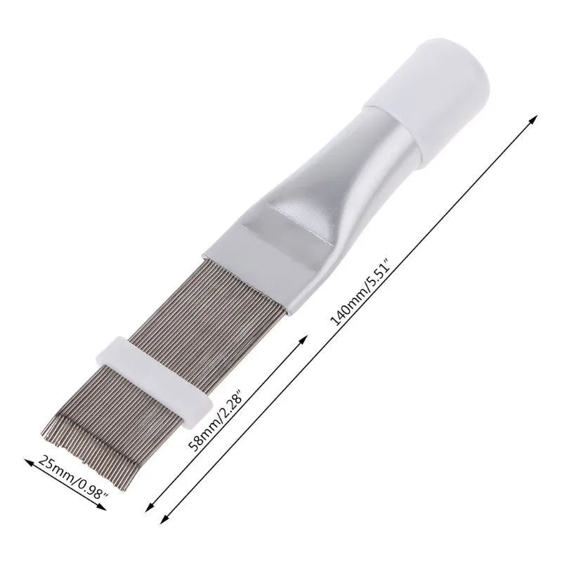 Stainless steel air conditioning fin comb and cleaning brush with abrasive bristles