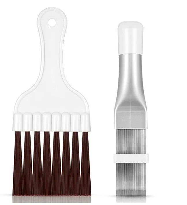 Stainless steel air conditioning fin comb and cleaning brush with abrasive bristles