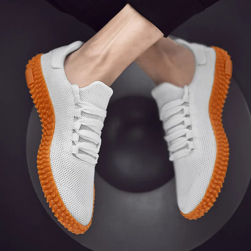 Breathable flying woven casual sneakers for men with fabric upper and rubber sole, available in sizes 36 to 47