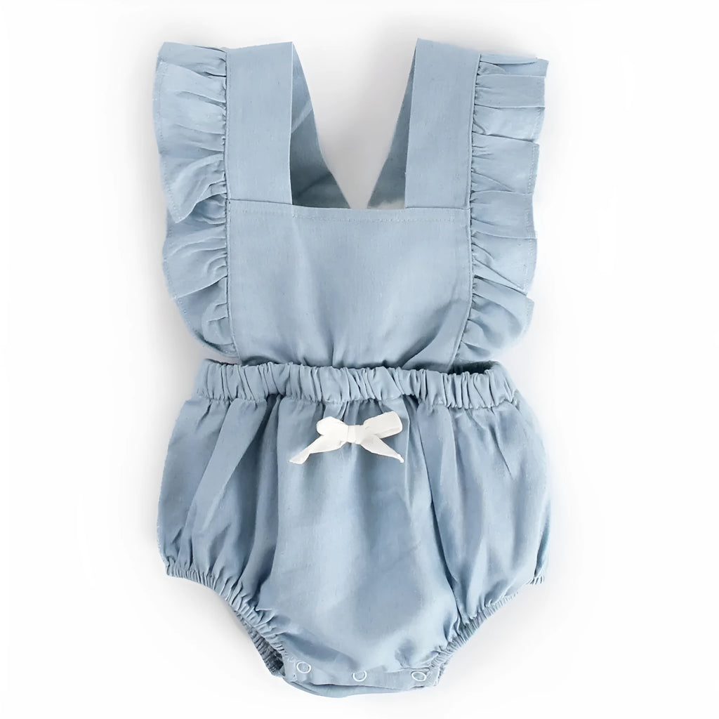 Blue denim lace sleeveless baby romper bodysuit with princess styling on a hanger.