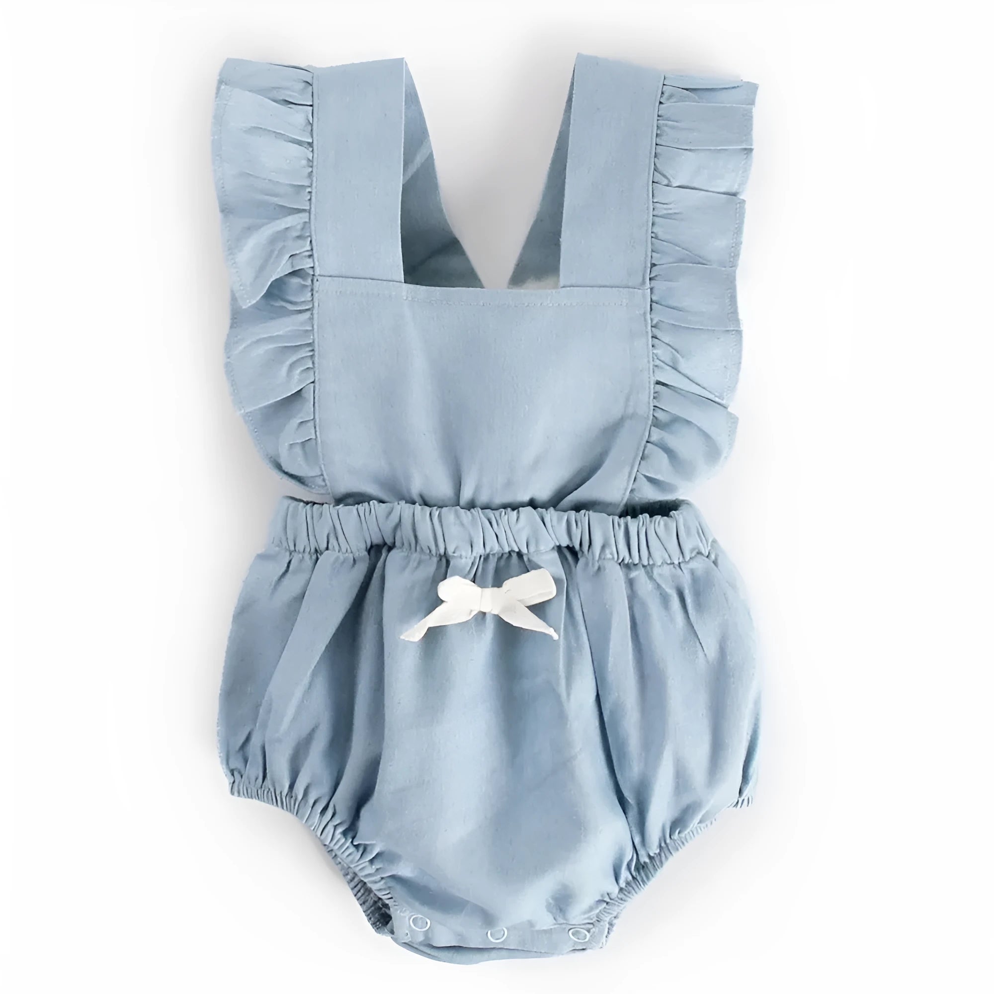 Blue denim lace sleeveless baby romper bodysuit with princess styling on a hanger.