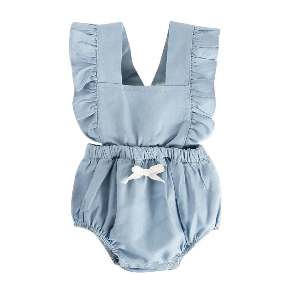 Blue denim lace sleeveless baby romper bodysuit with princess styling on a hanger.