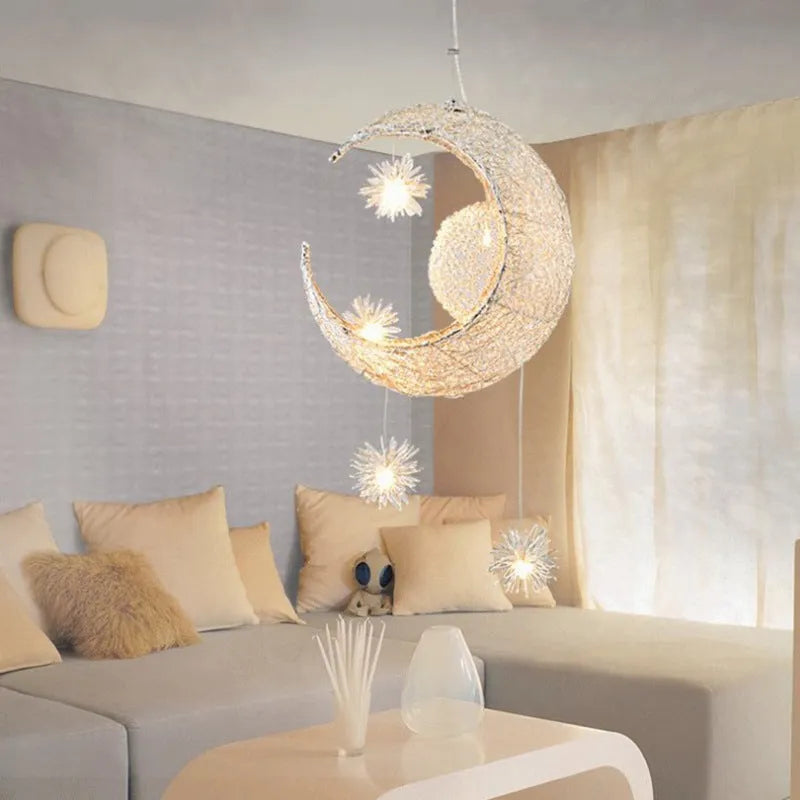 Aluminium wire star moon chandelier with adjustable height for ceiling installation