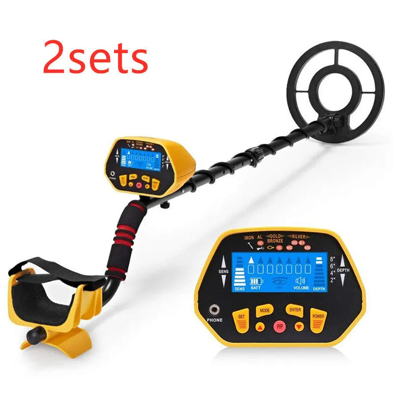 GC1028 black and yellow metal detector with LCD screen and adjustable pole, showing waterproof search coil.